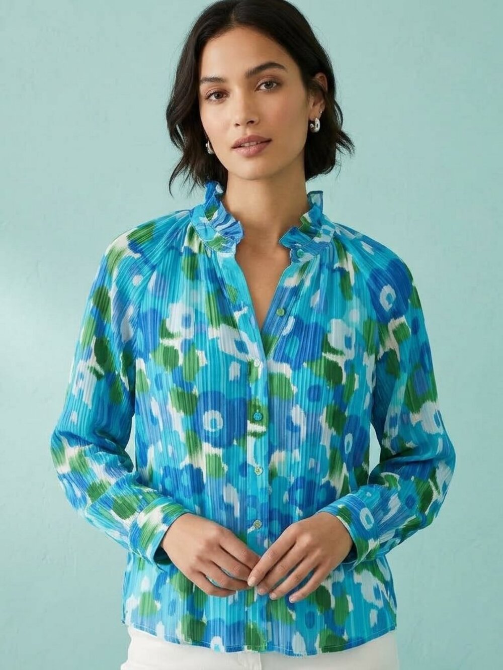 Tuckernuck Pomander Place Amalfi Floral Watercolor Harlee Blouse Ruffle Neck